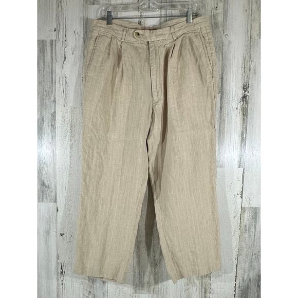 Alan Flusser Mens Linen Pants Size 36x30 (35x26) Tan White Pin Stripe High Rise - Picture 1 of 11